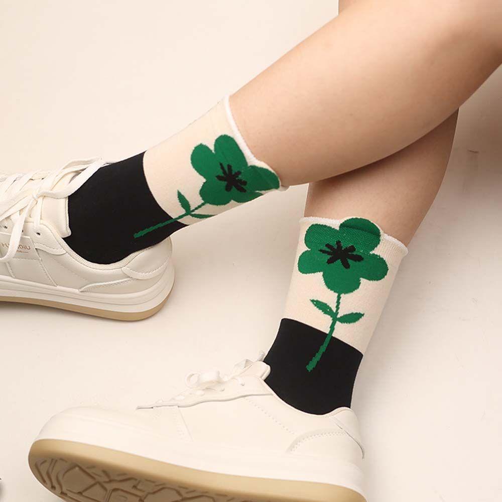 QQMALL Vớ Cotton Cổ Cao Thoáng Khí In Họa Tiết Hoa Tulip Dễ Thương Thời Trang Mùa Hè Cho Sinh Viên
