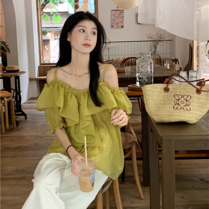 Áo Kiểu Trễ Vai Tay Ngắn Phối Bèo Thời Trang Mùa Hè Xinh Xắn Cho Nữ