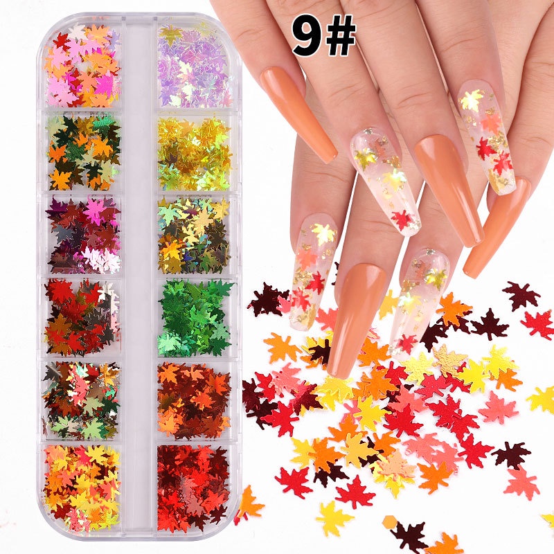 Khay lá phong nail mix 12 màu , Sticker họa tiết lá phong trang trí móng chuyên dụng