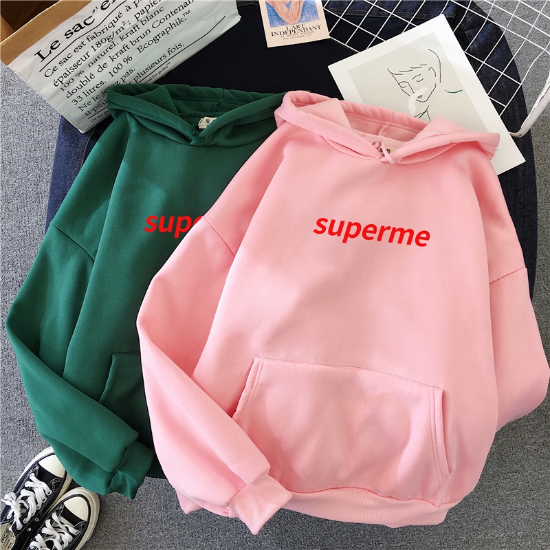 Áo Khoác Hoodie Chui Cổ Nữ Tay Dài In Chữ Supreme