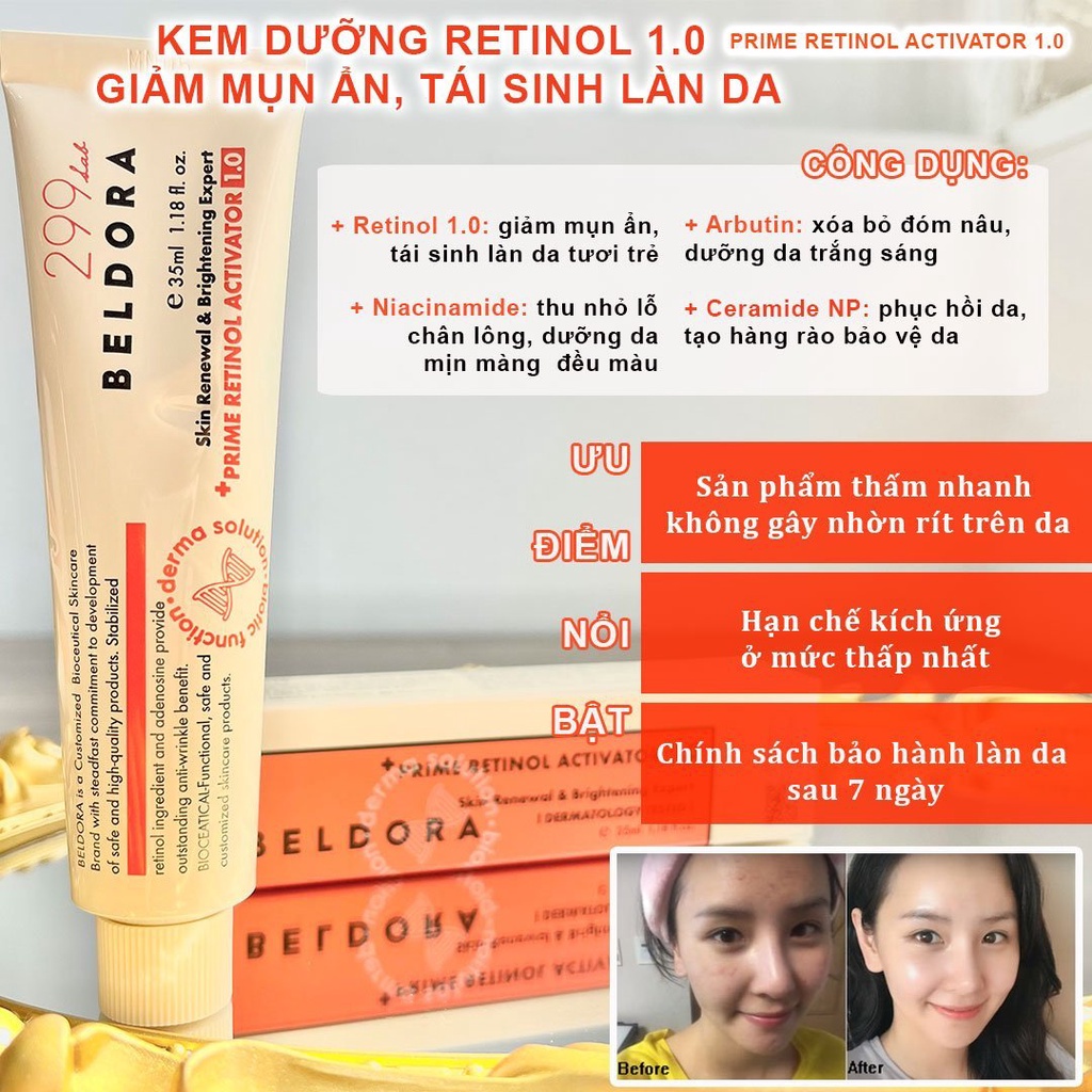 KEM DƯỠNG RETINOL 1.0 GIẢM MỤN ẨN, TÁI SINH LÀN DA BELDORA 299 PRIME RETINOL ACTIVATOR 35ML