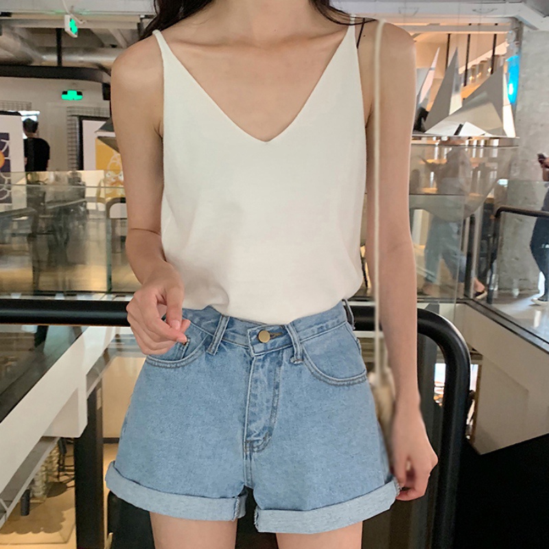 Áo dệt kim sát nách cổ chữ V dáng rộng màu sắc đơn giản phong cách Hàn Quốc