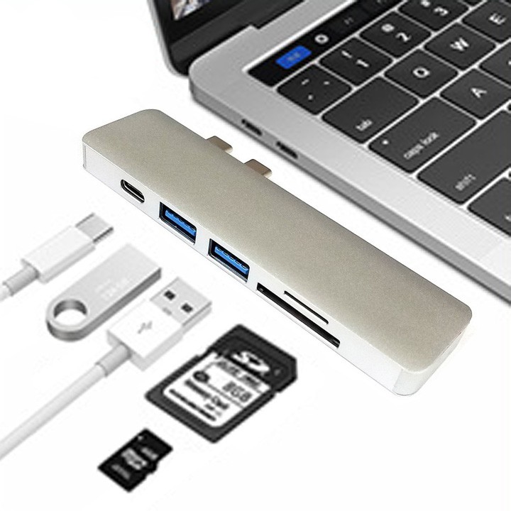 Bộ chia 2 cổng USB-C ra 2 cổng USB-A và 1 cổng USB-C kiêm đầu đọc thẻ SD, micro SD HB06