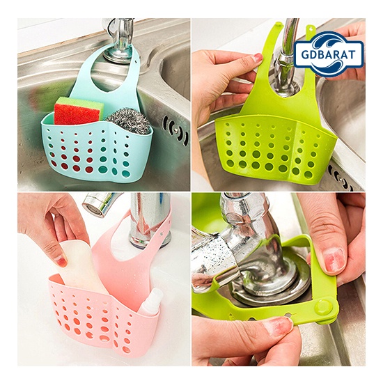 Giỏ đựng miếng xốp rửa chén có hai ngăn đục lỗ thoát nước giúp sắp xếp gọn gàng cho bồn rửa chén