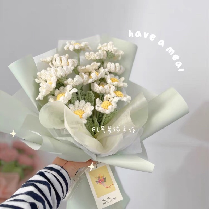 Bó 15 hoa cúc móc bằng len kèm túi và đèn led dễ thương