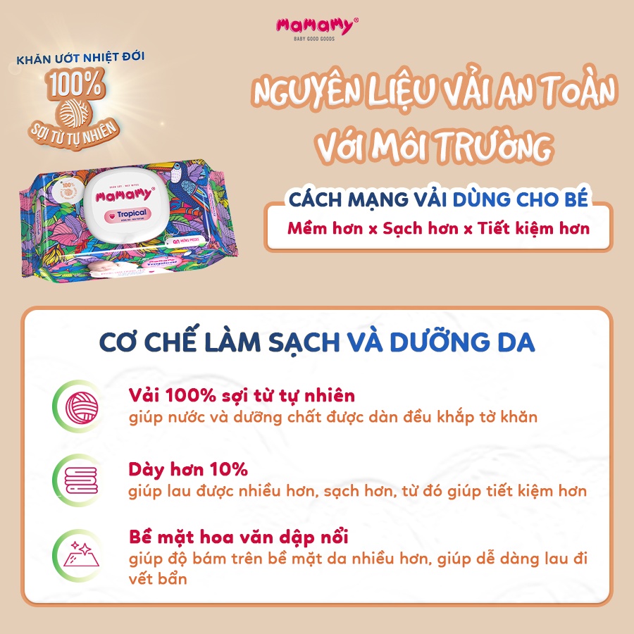 Combo 6 Khăn giấy ướt 100% sợi tự nhiên và rayon Mamamy Tropical Tinh dầu cúc vạn thọ/Không mùi 90 tờ