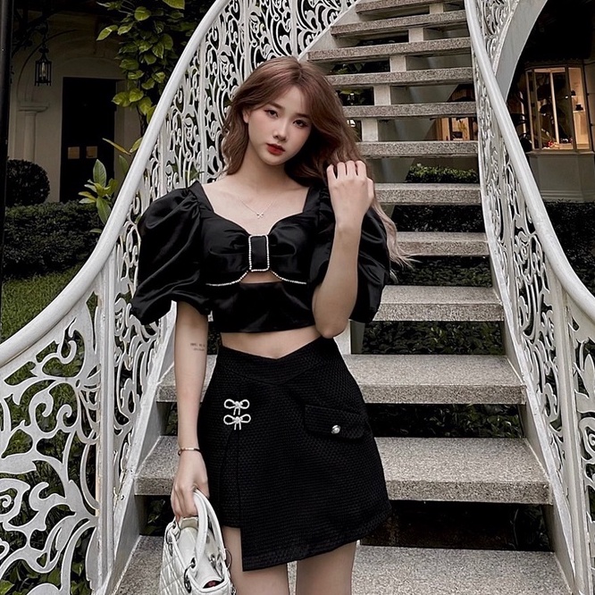 THE FANCE | Chân váy dạ tweed có quần trong đính ghim nơ đá DOUBLE RIBBONS SKIRT