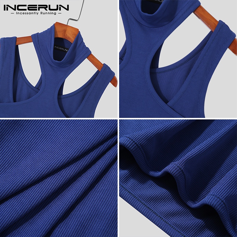 Áo ba lỗ dệt kim INCERUN cổ cao màu trơn thời trang cho nam có 3 màu lựa chọn