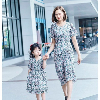 VÁY ĐÔI MẸ VÀ BÉ DÂY RÚT MÀU XANH HỒNG MÃ D1 [ YUMI'S KID ] ẢNH THẬT SHOP TỰ CHỤP