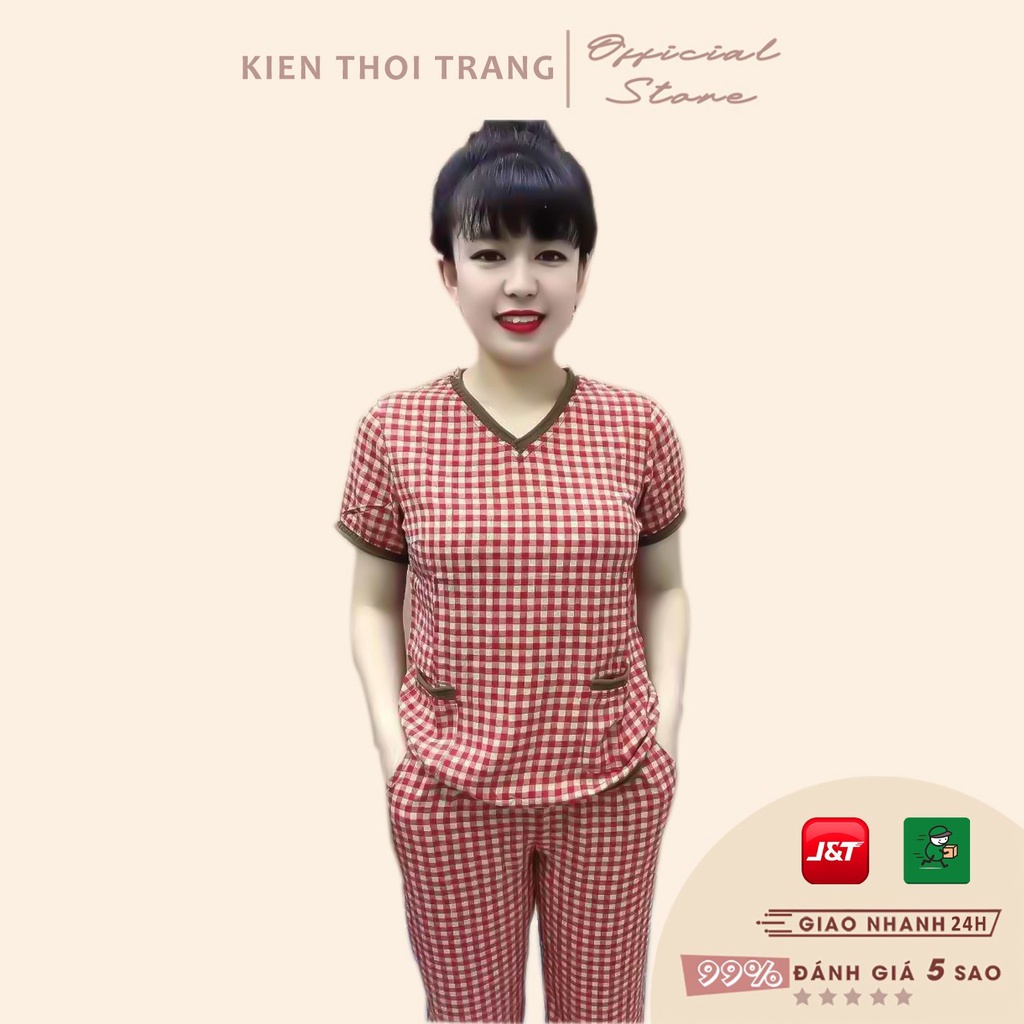 [RẺ VÔ ĐỊCH] Bộ đũi nữ trung niên, Cổ trái tim Vải đũi kẻ caro cực đẹp, cực sang