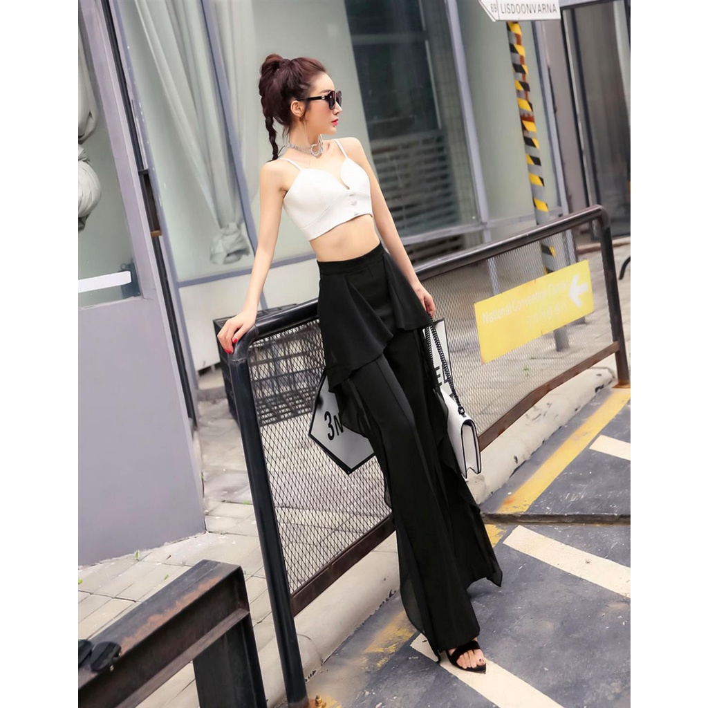Quần Dài Ống Loe Chất Liệu Chiffon Màu Đen Thời Trang Quyến Rũ Cho Nữ