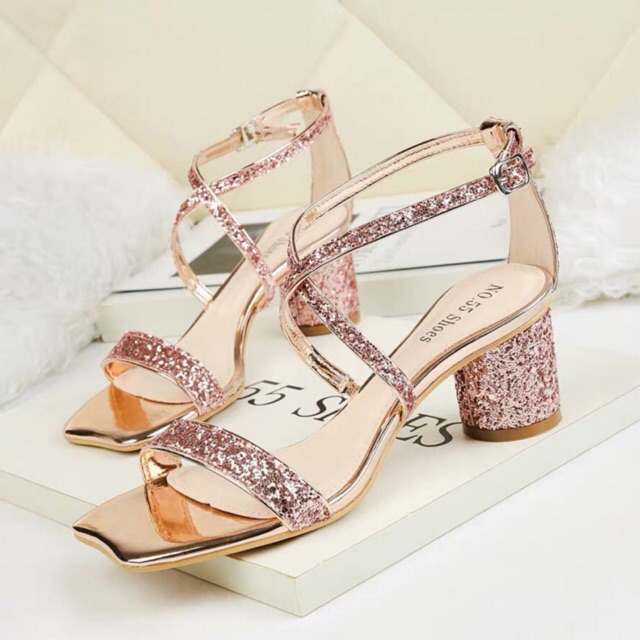 (ORDER) Sandals cao gót ánh kim nhũ kim sa sang chảng 5,5 - 9 cm, hàng cao cấp
