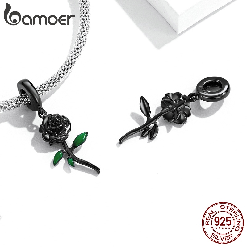 Mặt phụ kiện BAMOER BSC584 chất liệu 925 bạc hình hoa hồng đen