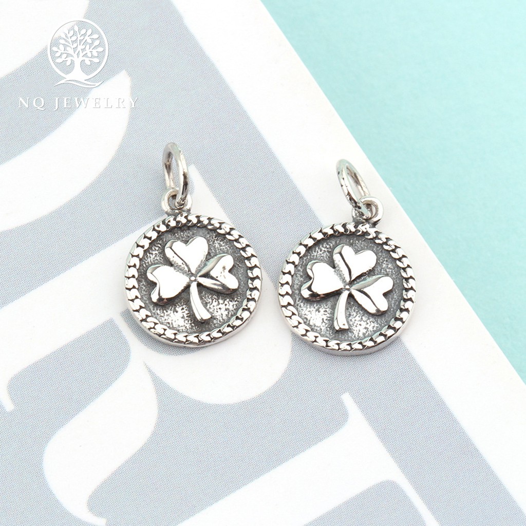Charm bạc tròn khắc cỏ 3 lá treo - NQ Jewelry