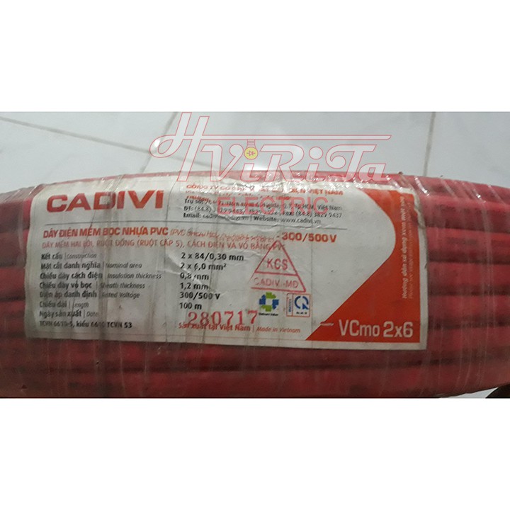Dây điện Cadivi đôi hai lớp bọc 2 x 6.0 Vcmo 2x6 1 mét