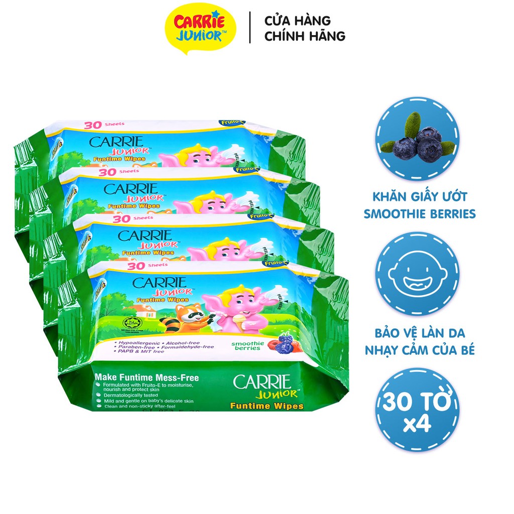 Combo 4 Gói Khăn Giấy Ướt Carrie Junior Funtime Smoothie Berries 30 tờ/ gói