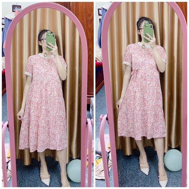 đầm hoa nhí pha ren cổ và kèm đai