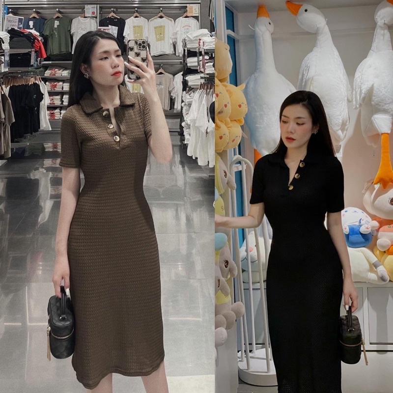 VÁY POLO DÁNG DÀI KHUY GỖ CỔ SEN