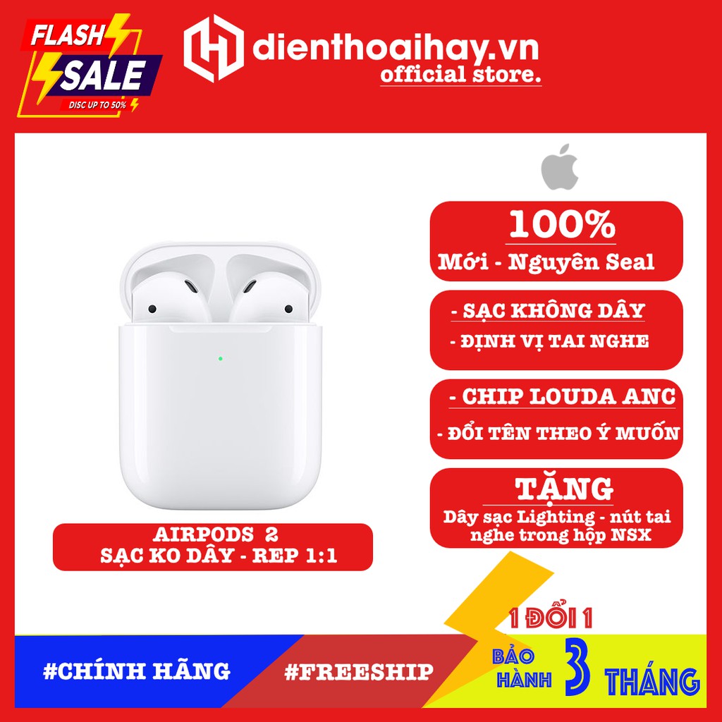 Tai Nghe Không Dây Bluetooth Airpods 2 Nhét Tai, Hỗ Trợ Đổi Tên Định Vị Sạc Không Dây Cảm Ứng Gõ Chuyển Bài, Bảo Hành 3T