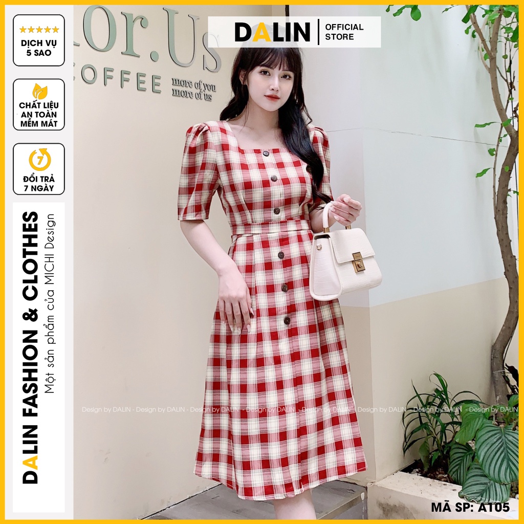 Đầm kẻ Thiết kế Công sở Dự tiệc Dáng xòe Cổ vuông Ngắn tay A105 DALIN Fashion Váy Caro Đỏ Đi cưới Trẻ trung Hàn Quốc