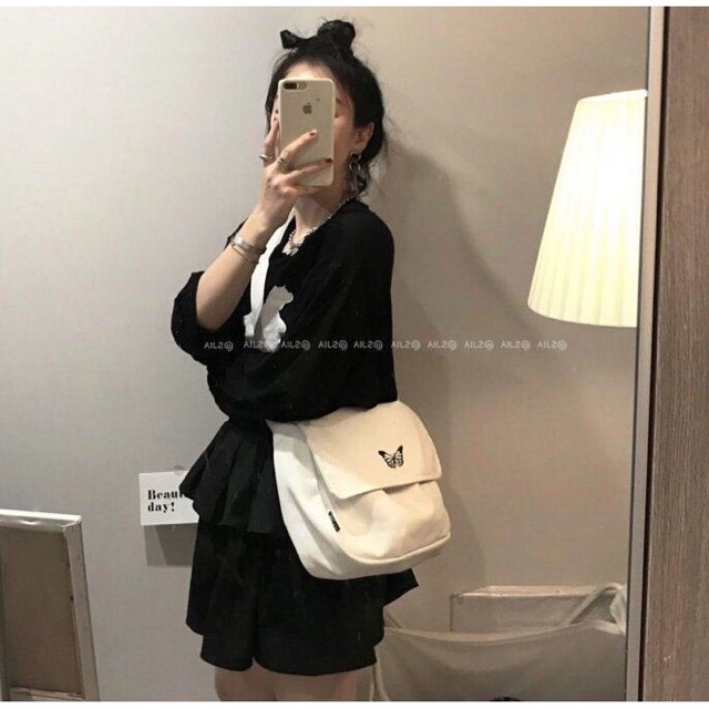 TÚI TOTE VẢI CANVAS ĐEO CHÉO HÌNH BƯỚM UNISEX NAM NỮ HÀN QUỐC