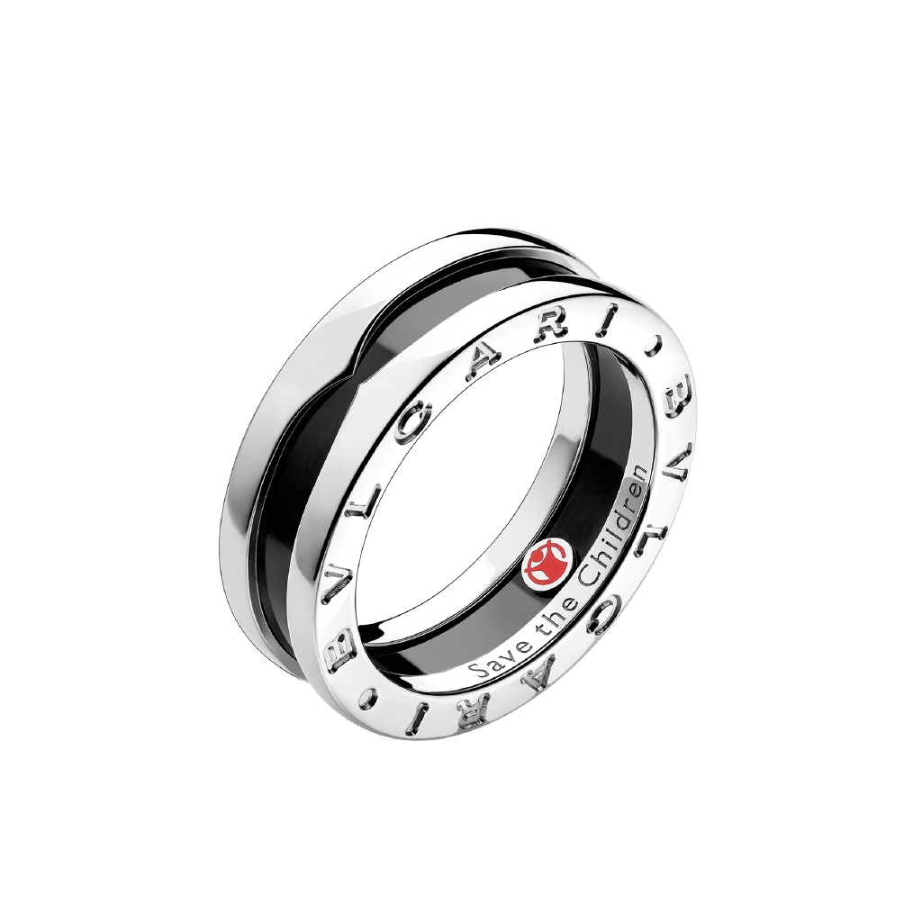 Nhẫn bạc sterling + gốm đen khắc chữ Bvlgari Save the Children