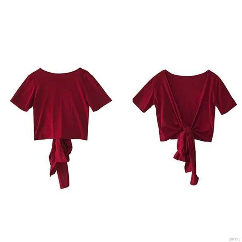 Áo croptop ngắn tay cổ V hở lưng quyến rũ phong cách Hàn Quốc