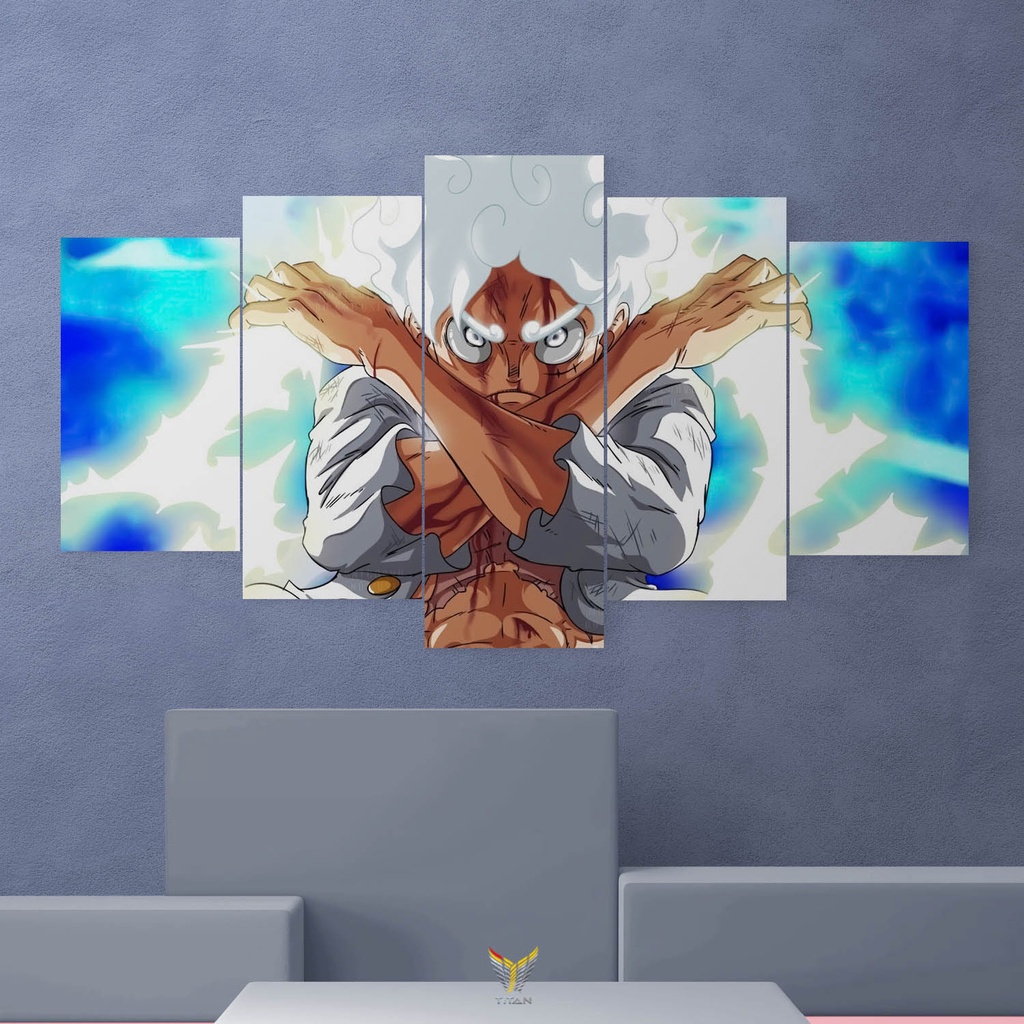 Bộ 5 tranh dán tường ghép chủ đề OP Luffy Gear 5, chất liệu Decal, tranh dán tường decor, sẵn băng keo 2 mặt trang trí