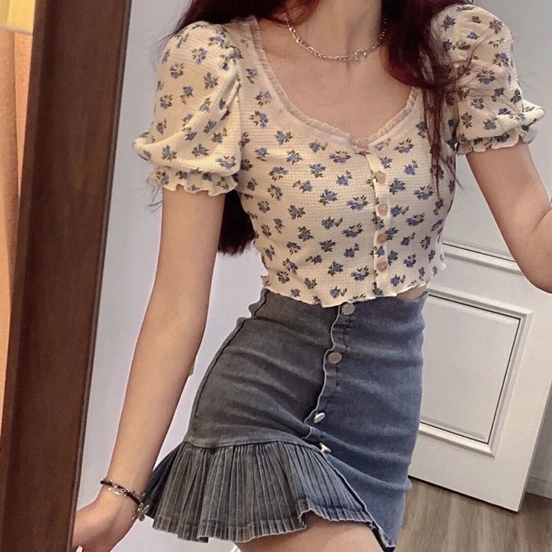 Set Áo Croptop Hoa + Chân Váy Denim M25 Phong Cách Hàn Quốc