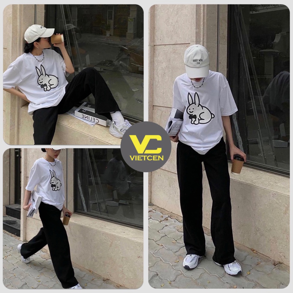 (Hàng Rẻ) Set Áo Thun Hình Thỏ Cute Và Quần Ống Rộng Trơn Basic_VIETCEN (ảnh thật)