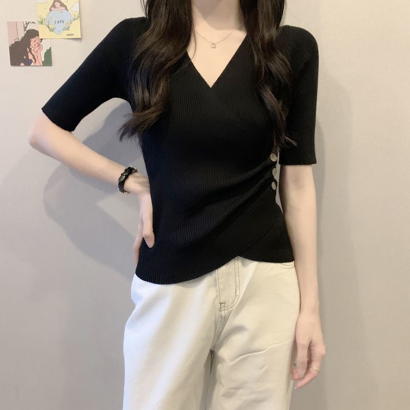 Áo Thun Dệt Kim Tay Ngắn Cổ Chữ v Dáng Ôm Phong Cách Hàn Quốc Thời Trang Cho Nữ Áo phông Nữ TX-98