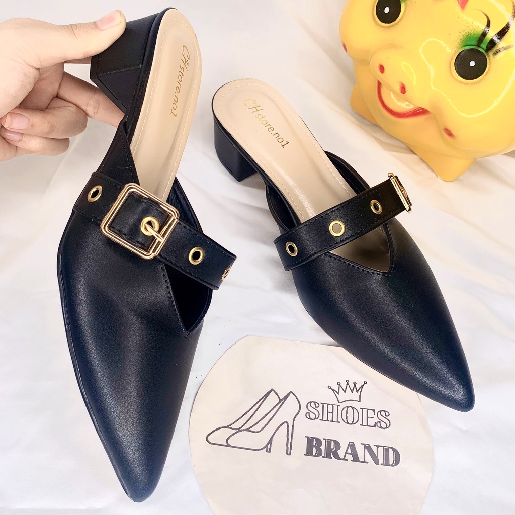 Sục mũi nhọn, giày cao gót nữ phối khóa vàng, đế vuông 5p - MÃ C07