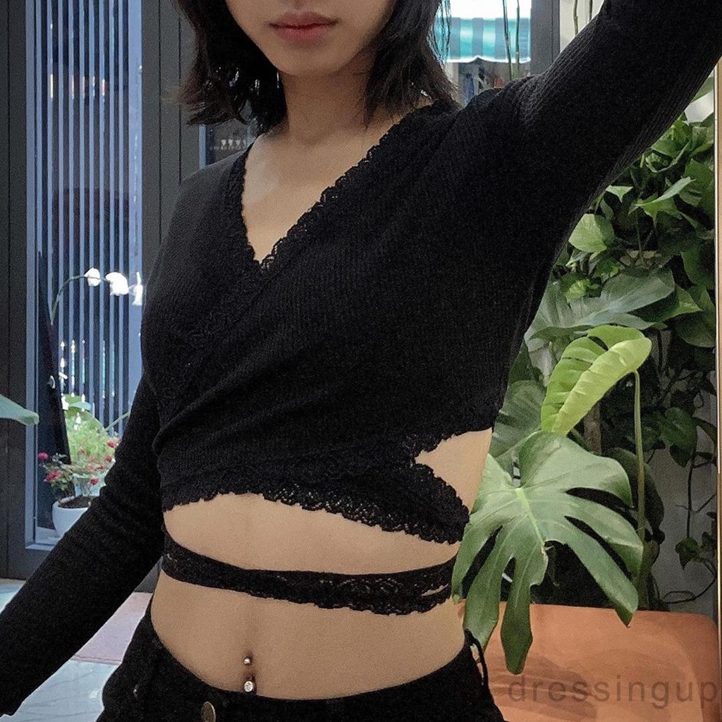 DRESSINGUP-Áo crop top khoét sâu cổ chữ V viền ren dài tay cho nữ