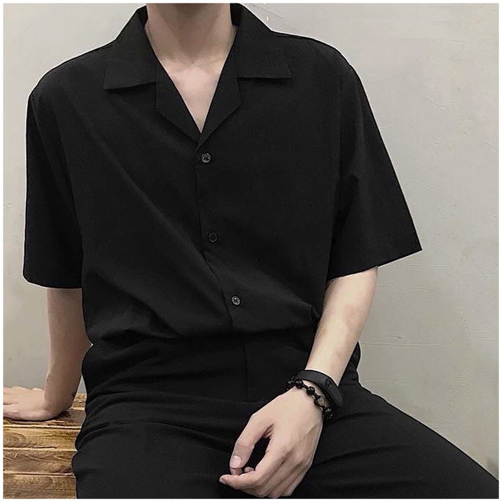 Áo sơ mi ngắn tay form rộng KJ Chất vải lụa kate hàn Cổ Vest TRƠN trắng và đen KJ - Vua Quần Jeans
