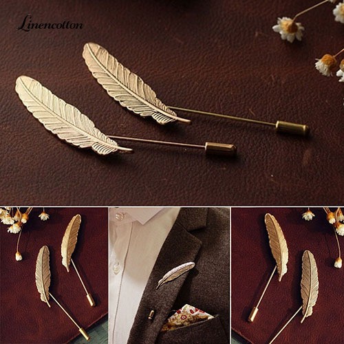 Men Retro Golden Leaf Feather Brooch Pins Collar Suit Stick Breastpin Lapel Pin