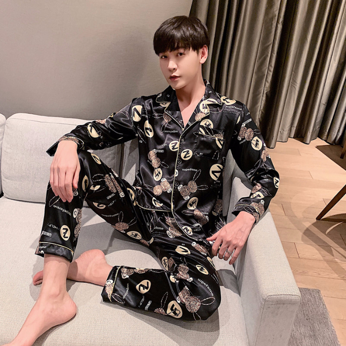 Bộ đồ ngủ tay dài vải lụa phong cách Hàn Quốc cho nam cỡ L-5XL