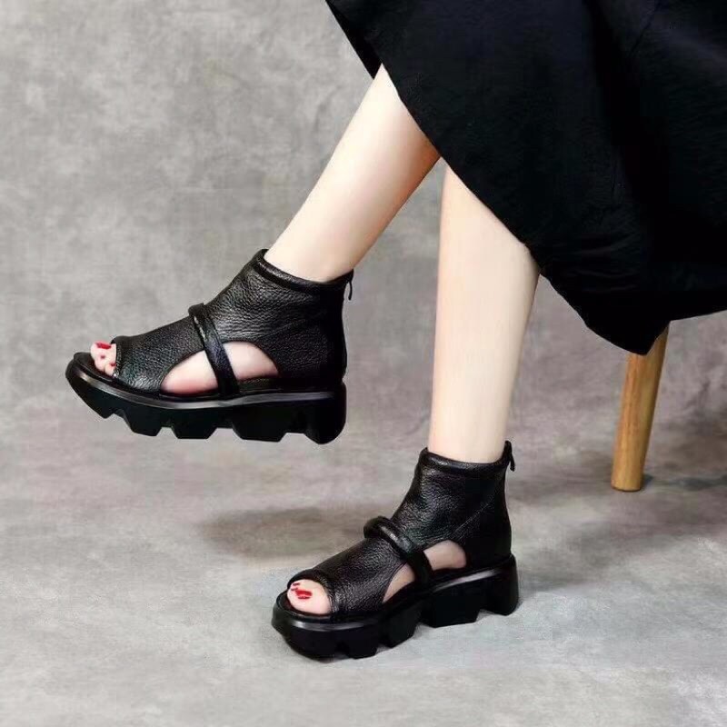 Sandal da mềm khóa kéo màu đen khoá sau màu đen