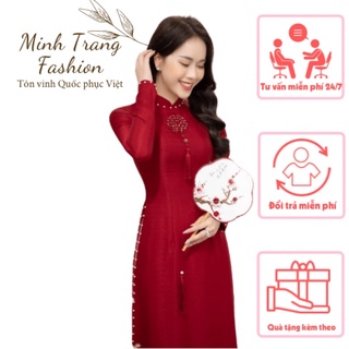 Áo dài gấm tơ vân gỗ chữ hỷ đính hạt siêu sang
