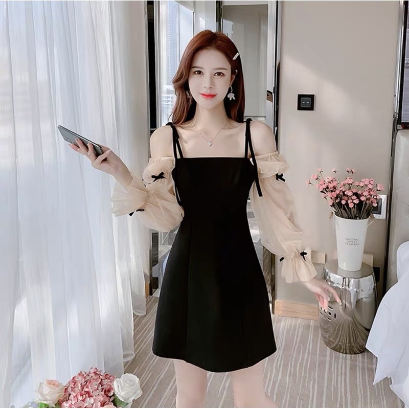 Váy đen tiểu thư tay lưới đính nơ ❤️❤️❤️