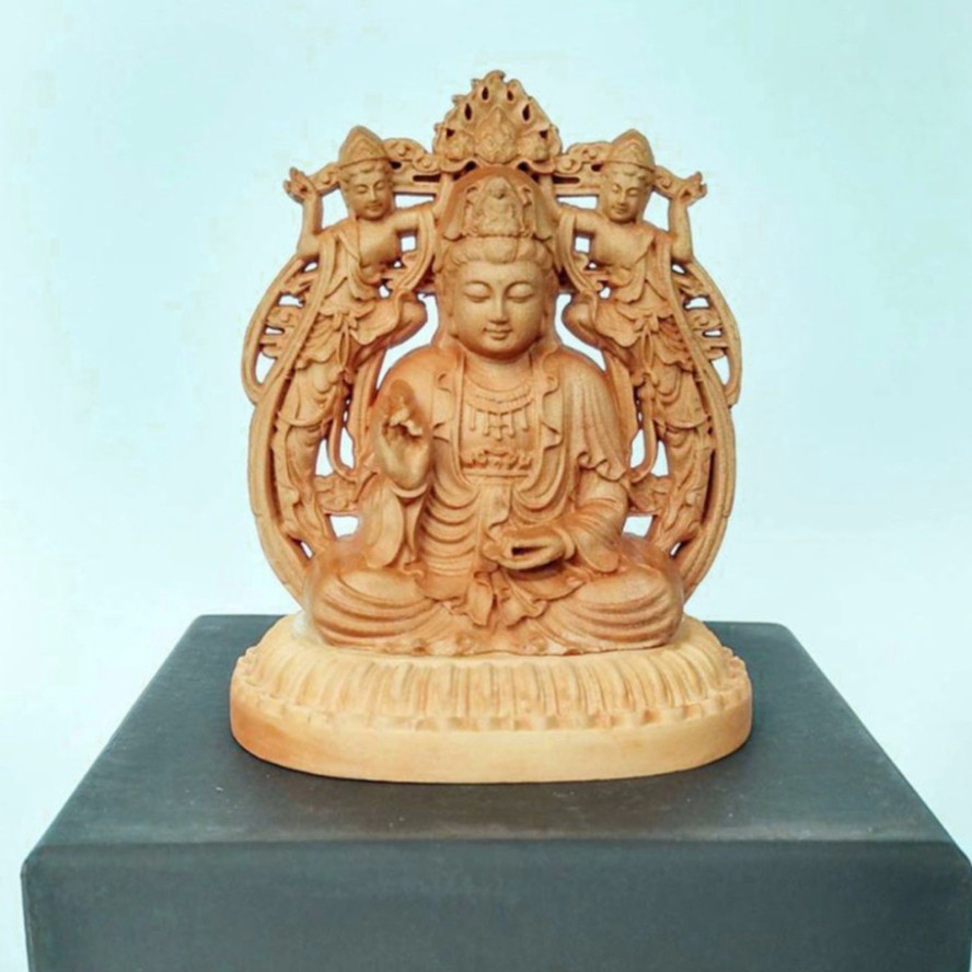 Tượng Phật Bà Quan Âm tự tại bằng gỗ Hoàng Dương - TẶNG 1 VÒNG ĐEO TAY [HÀNG CHẤT LƯỢNG CAO]
