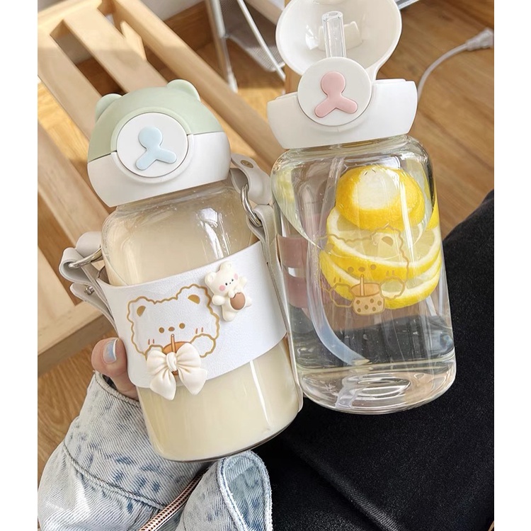 Bình nước gấu nhựa Cute - Tặng kèm ống hút + Túi gấu Da PU + Sticker 2D