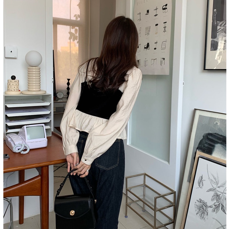 Áo Sơ Mi Tay Phồng Ngắn Cổ Đứng Hai Dây Thời Trang Mùa Xuân Kiểu Retro