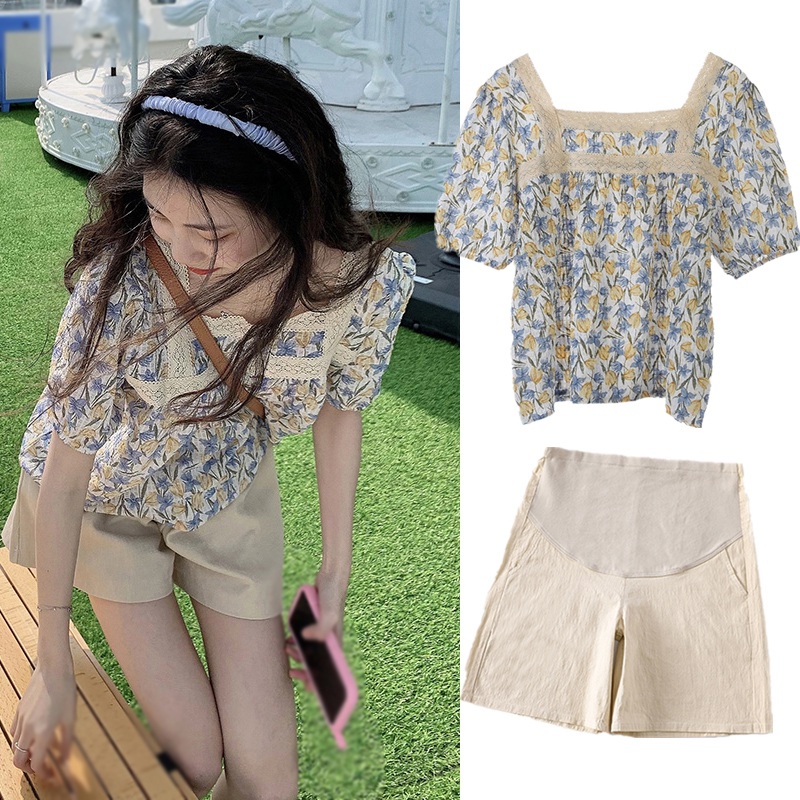 Áo Chiffon Tay Ngắn Cổ Vuông Phối Ren In Họa Tiết Hoa Phong Cách Hàn Quốc Thời Trang Cho Nữ