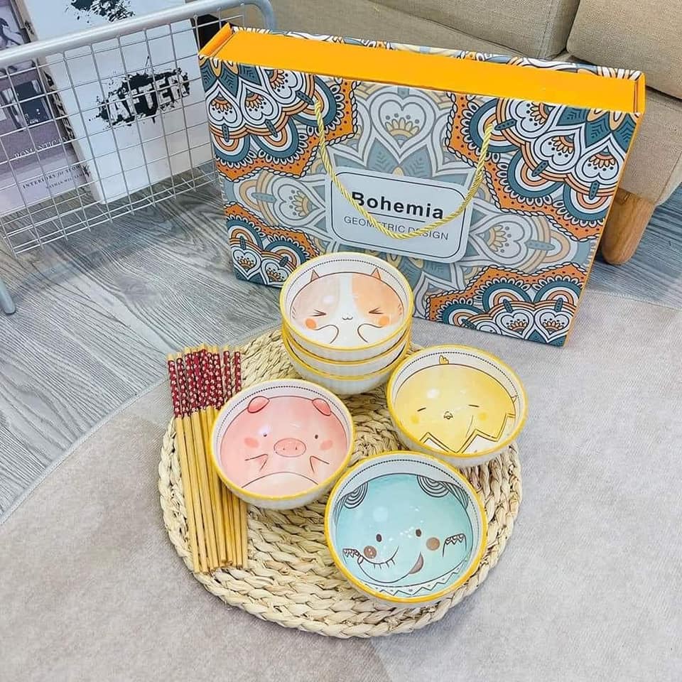 SET BÁT KÈM ĐŨA GỖ HÌNH ĐỘNG VẬT BOHEMIA - BỘ 6 BÁT HÌNH ĐỘNG VẬT KÈM ĐŨA GỖ