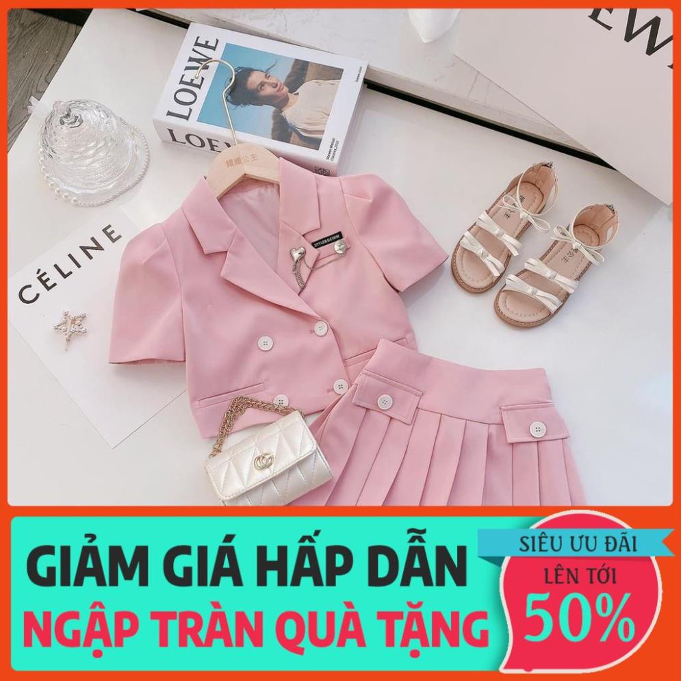 Set váy Vest bé gái hồng Áo và Chân váy xếp ly liền quần chip size 15-30kg (áo kèm phụ kiện)XHN689