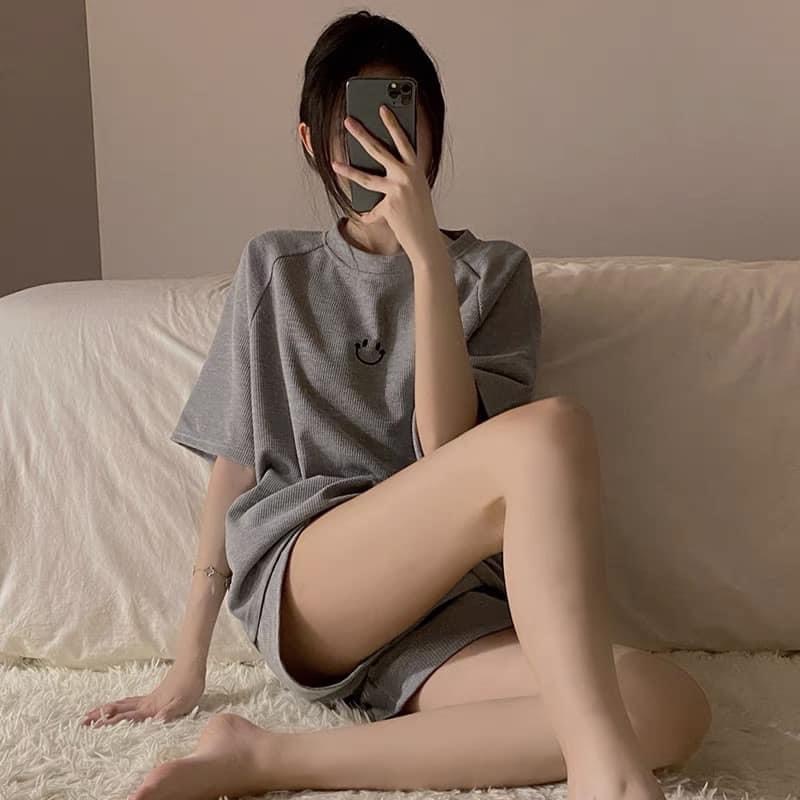 Set Đồ Bộ Xôp Tổ Ong Ngắn Tay Thêu Icon Mặt Cười Dáng Rộng Phong Cách Ulzzang  Kèm Ảnh Test Chất