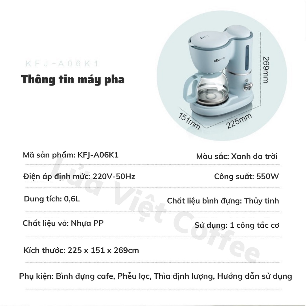 Máy pha cà phê mini Bear KFJ-A06K1 chính hãng máy pha cafe viên nén Espresso tặng kèm 100gr bột café Arabica