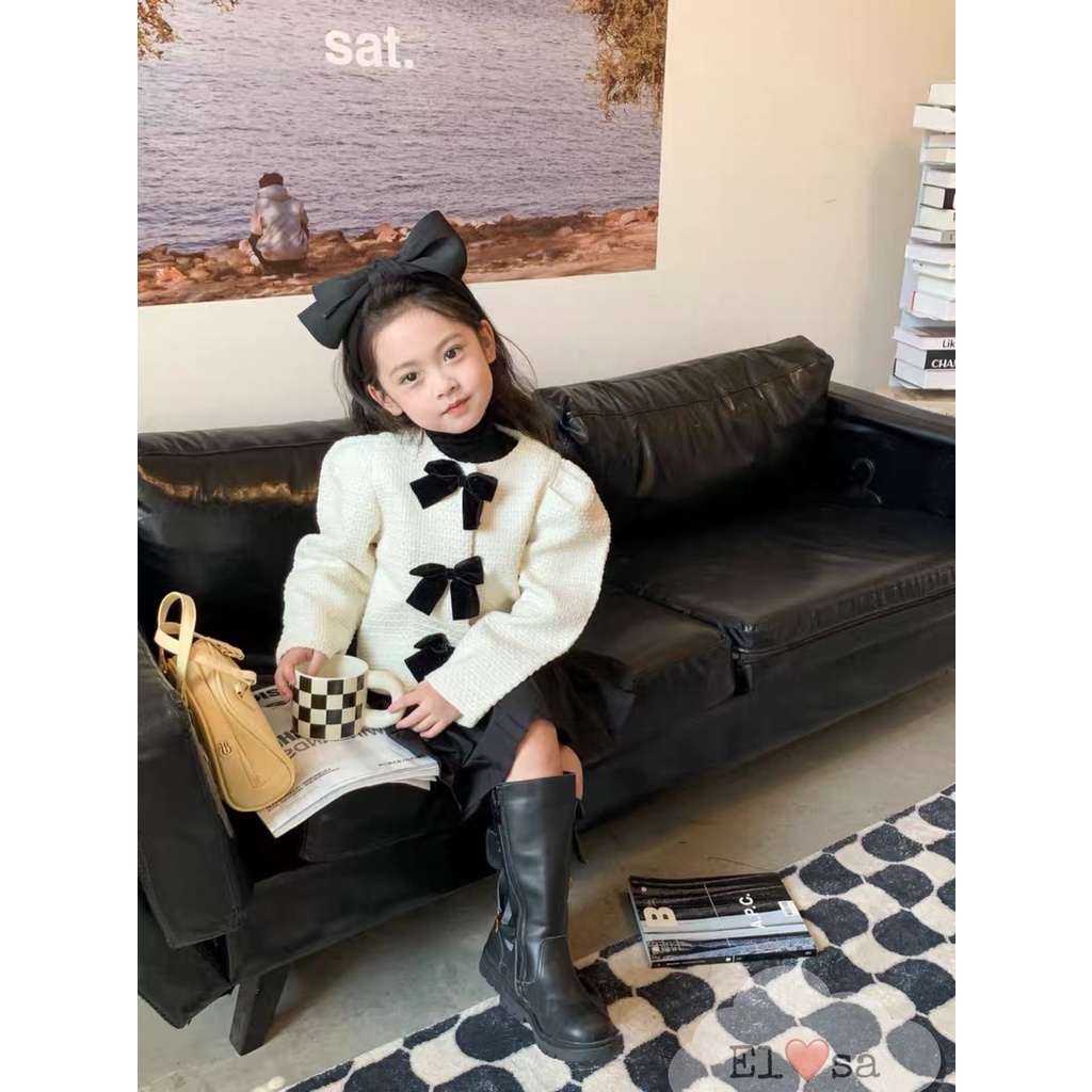 Váy bé gái - Set áo dạ nơ điệu mix chân váy thô mềm phồng kiểu cách cho bé gái