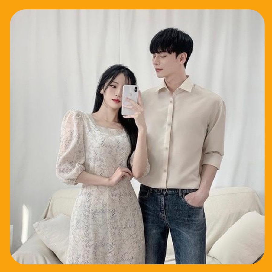 Đồ đôi nam nữ đẹp Set áo váy sơ mi Hàn Quốc dáng dài COUPLE STORE
