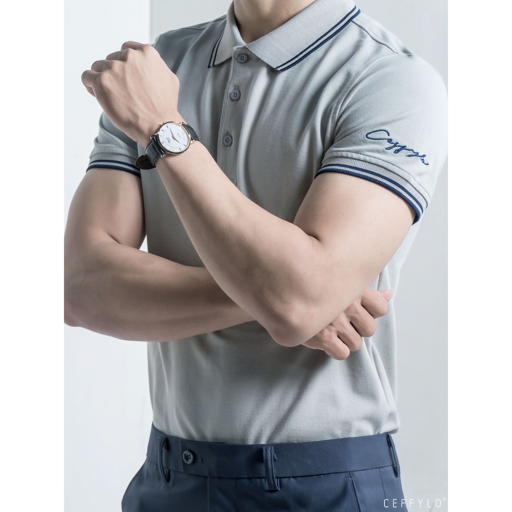 [Mã BMBAU50 giảm 7% tối đa 50K đơn 99K] Áo Polo tay thêu chữ Xám Nhạt vải Cotton mềm mịn CEFFYLO
